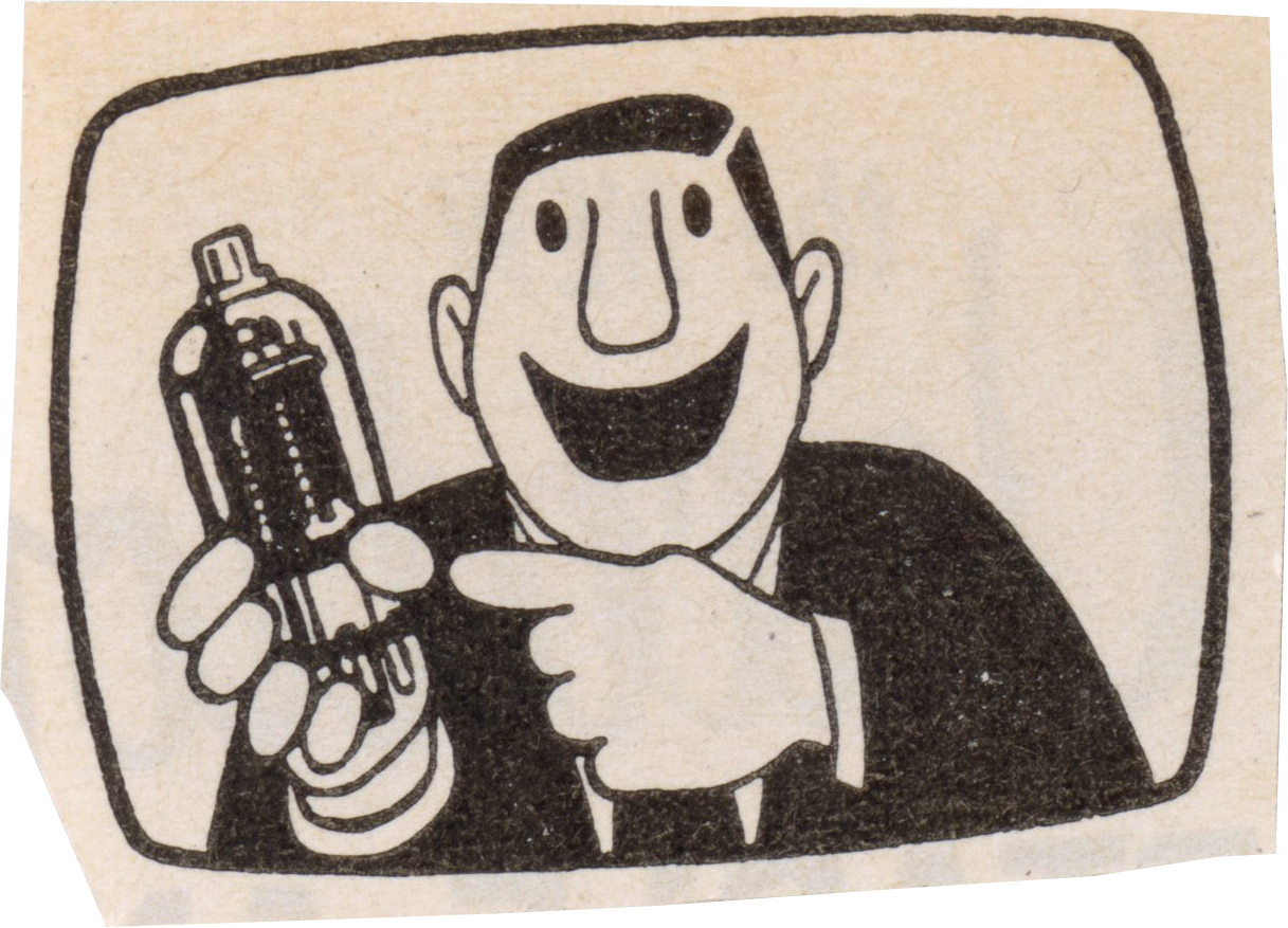 a cartoon drawing of a man on TV pointing at a gadget and smiling.