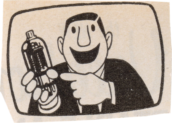 a cartoon drawing of a man on TV pointing at a gadget and smiling.
